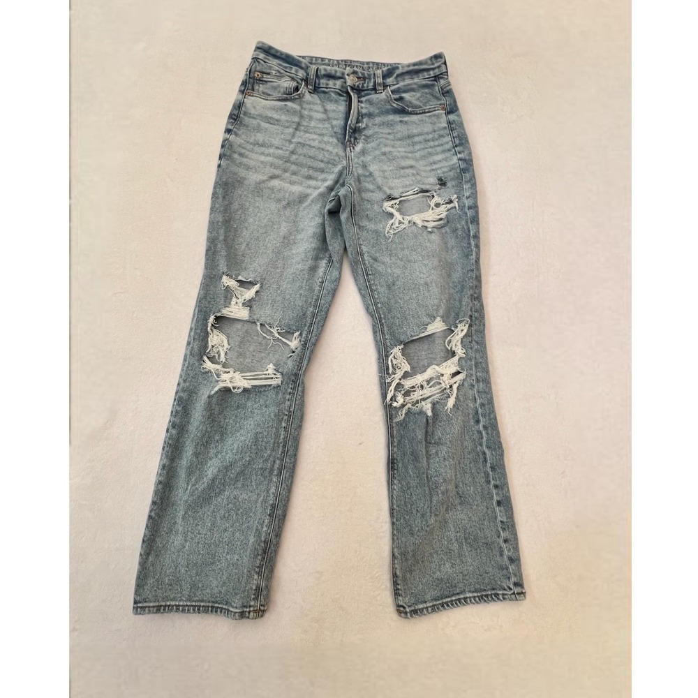 American Eagle Rip Knee Curvy Straight High Rise‎ Distressed SZ 10